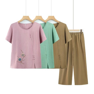夏季中老年女装奶奶宽松短袖套装妈妈绣花t恤老太太上衣服两件套
