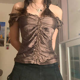 亚马逊夏季新款女装T恤褶皱花边短袖修身显瘦短款上衣热卖SU2754