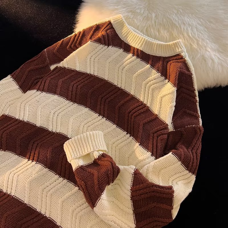 Herren Strickpullover Gestreift Retro Rundhals College Stil_voghion.com