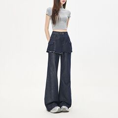 2025秋季新款假两件拼接围裙牛仔裤女设计感毛边高腰直筒微喇裤子