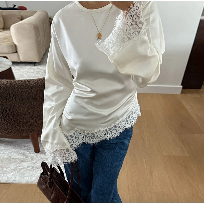 European and American Cross-Border Aliexpress New Elegant Round-Neck Long-Sleeve Lace Patchwork Waist-Cinching Blouse Shirt for Women Wholesale