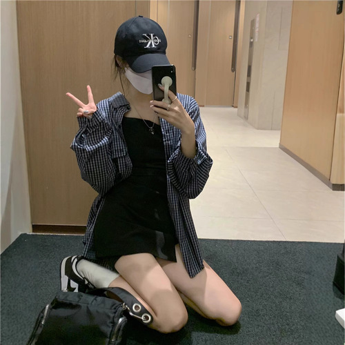 Women's 1688 Grid Sunscreen Blouse Jacket, Thin Design Fashion Niche Summer Outerwear Top Shirt, Thin Open Jacket for Summer