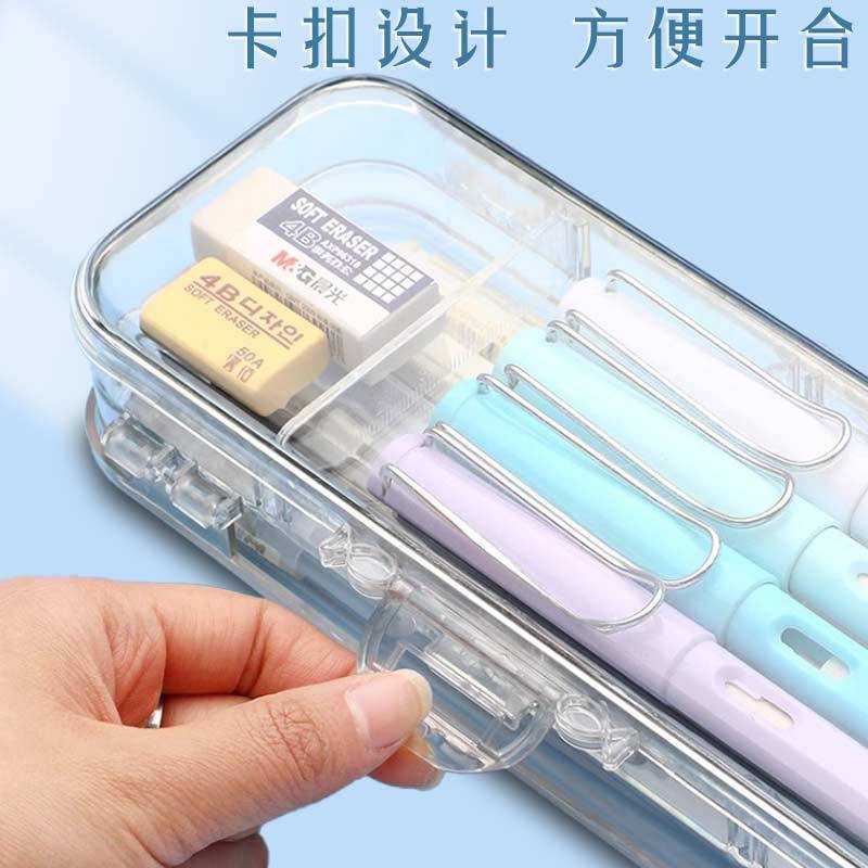 Caja de lápiz transparente de doble capa simple ins estudiantes japoneses caja de lápiz caja de almacenamiento de gran capacidad caja de papelería al por mayor