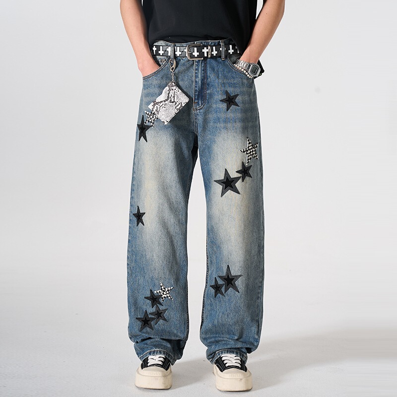 New trendy brand loose-fit Chrome Hearts pentagram lightning distressed straight wide-leg pants American high street printed jeans