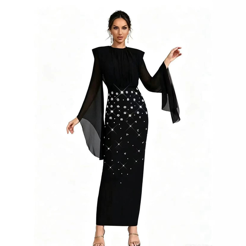 2026 New European and American Style Women's Fashion Mesh Sleeve Round Neck Sexy Long Dress with Heavy Rhinestone Embellishment Cocktail Bandage Gown Dress 2026 New European and American Style Women's Fashion Mesh Sleeve Round Neck Sexy Long Dress with Heavy Rhinestone Embellishment Cocktail Bandage Gown Dress