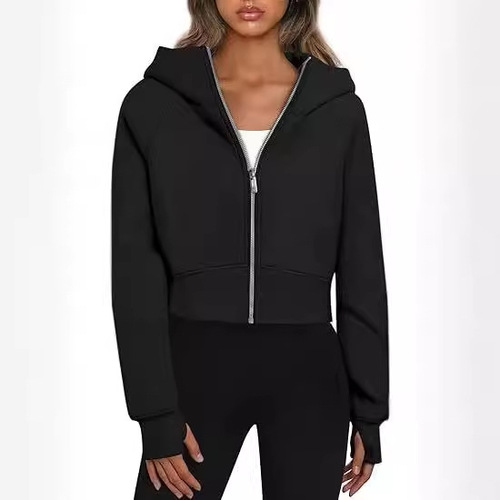 2024 European and American foreign trade cross-border women's clothing Amazon Hooded Zipper Short Sleeve Casual Padded Long Sleeve Sweatshirt