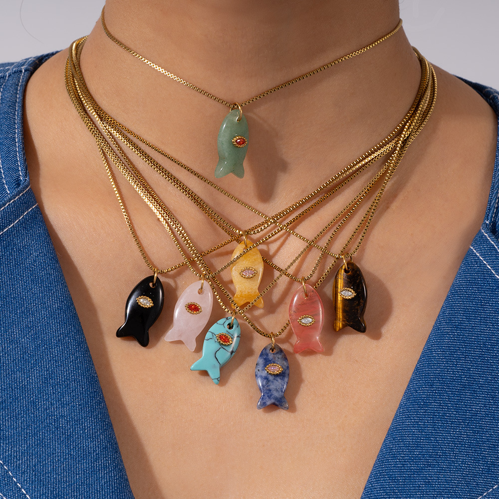 9g Weight Natural Stone Pendant Material Pendant Necklace Classification 304 Stainless Steel Chain Material box chain Chain Type 1 Piece Quantity Daily, Street Occasion 304 Stainless Steel Material Fish Pattern All Seasons Season Women's Gender Plating Design Cute Style Wholesale Jewelry Cute Fish 304 Stainless Steel Plating Pendant Necklace Box Chain 2