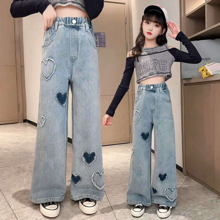 Girls Denim Wide-Leg Pants, Heart Patch & Frayed Hem, Elastic Waist — Spring/Autumn