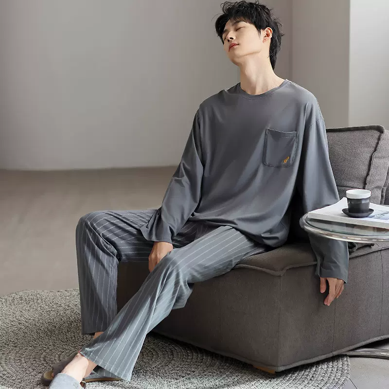 莫代尔睡衣男士春秋长袖长裤家居服青年薄款夏天休闲宽松大码套装
