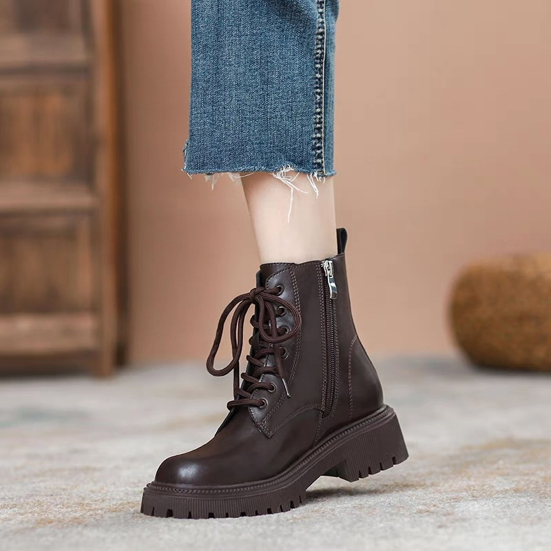 Popular British Style Thick Bottom Fashion Martin Boots Comfortable Short Boots Women's 2024 Autumn and Winter New Thin Velvet Fashionable Leather Boots