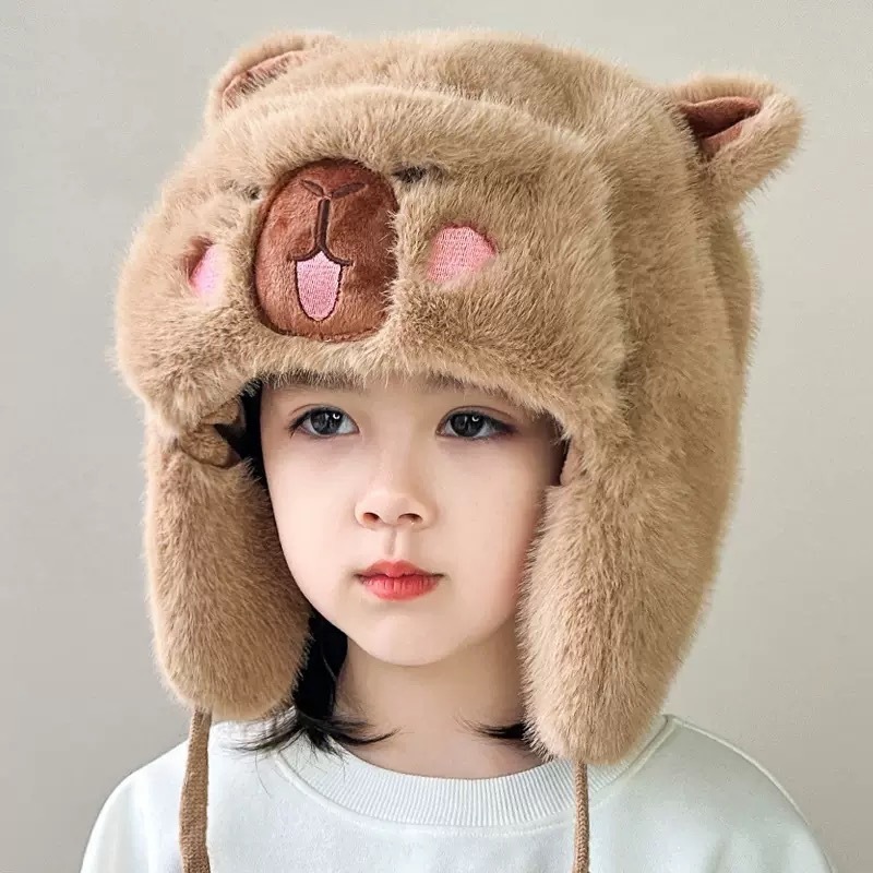 可爱萌系卡皮巴拉毛绒雷锋帽子女秋冬儿童加厚防寒保暖护耳套头帽|undefined