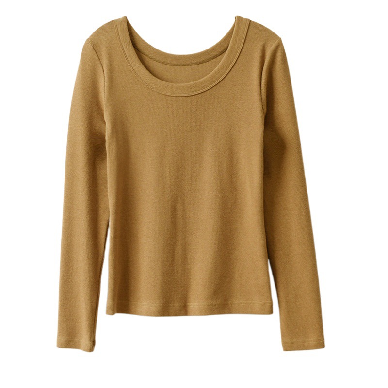 Camiseta de algodón premium seleccionado con cuello en U para mujer, manga larga, nuevo estilo otoño 2026, corte holgado, efecto adelgazante, tacto de alta gama, top, camiseta de capa base.