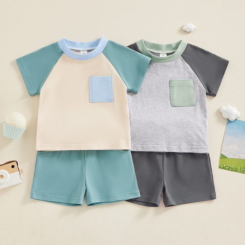 2024 Summer ins simple color matching short sleeve suit baby cotton T-shirt + shorts two-piece children's clothing batch