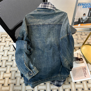 Free Shipping Fake Two-piece Denim Jacket Men's 2025 Spring and Autumn New American Style Retro Stitching Loose Casual