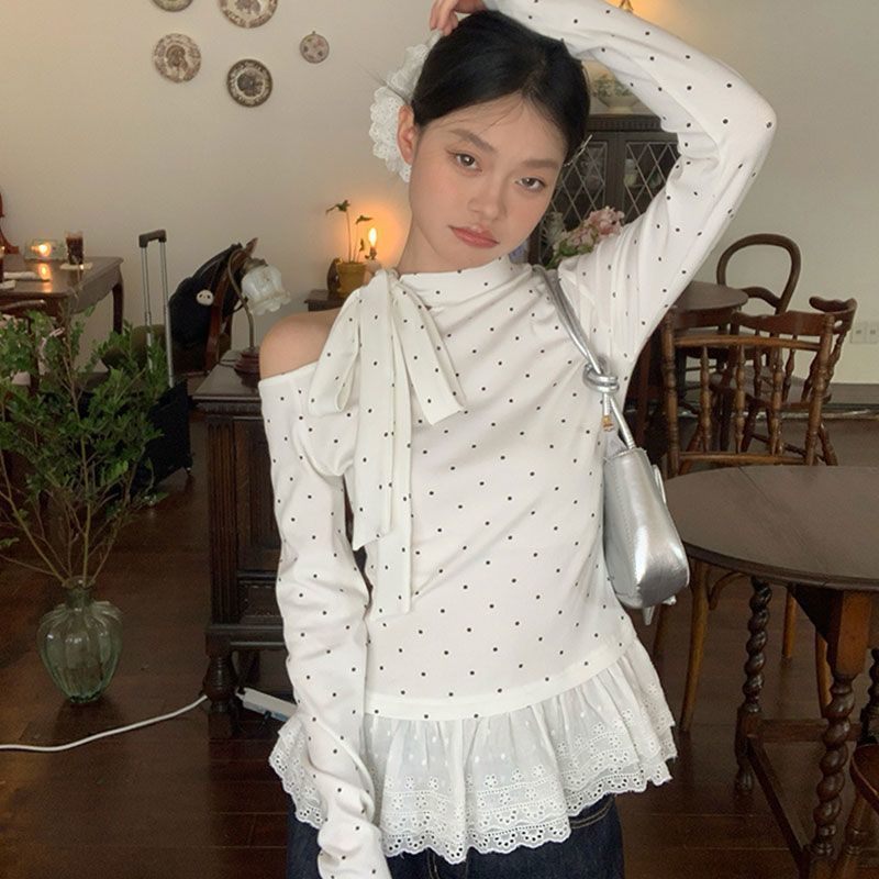 Korean-Style White Bow-Tie Tie-Up Inner T-Shirt, New Spring and Autumn Lace-Trimmed Sweet Slim-Fit Design Top