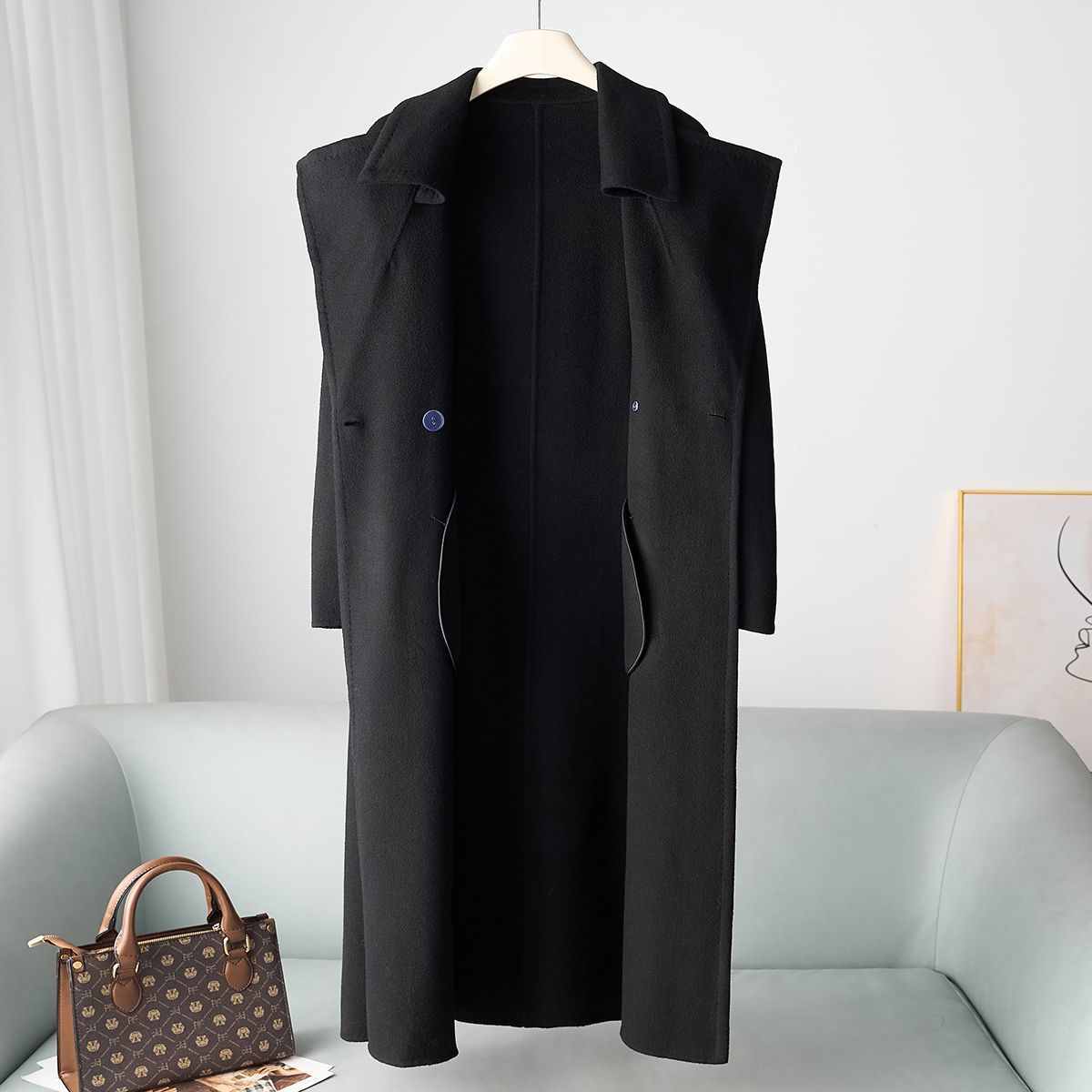 Women's Double-Faced Wool Coat With 30% Cashmere, Belted Trench Style, Elegant Long Coat For Autumn Winter, Pure Color, Office & Casual Wear_voghion.com