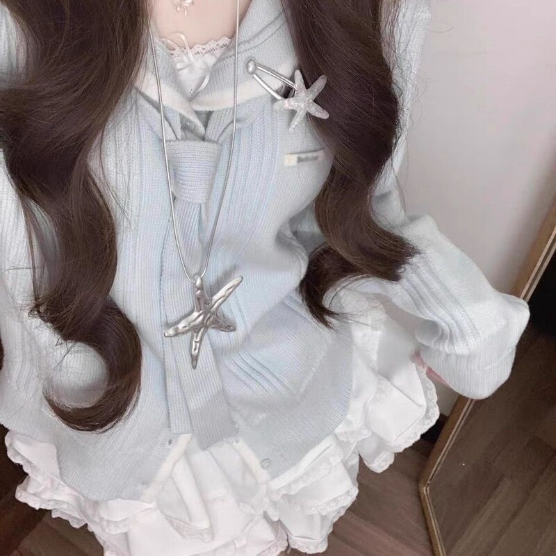 Sweet Milky Blue Navy Collar Sweater Jacket for Women in Autumn and Winter with Gentle Style Design to Reduce Age in Early Autumn