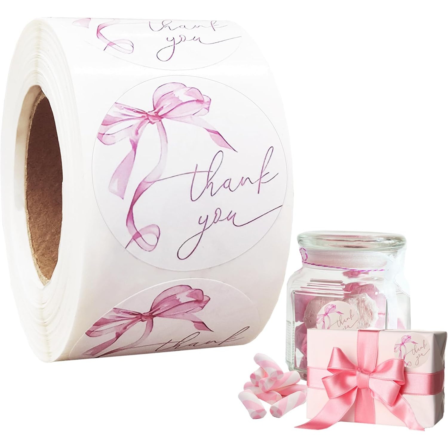 粉色蝴蝶结感谢贴纸500张防水自粘派对装饰用