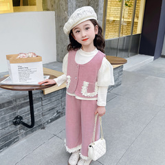Women's Spring and Autumn 2024 Casual Cute Baby Girl Fashion Striped Puffed Sleeve Spring and Autumn Set of 3 Trendy