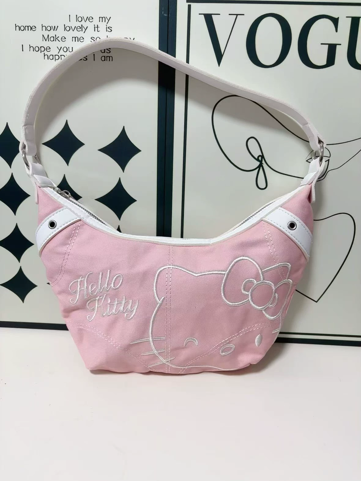 Поясная сумка подмышечная (Hello Kitty) джинсовая вышивка летняя сумка, розовый, 32×2×17 см