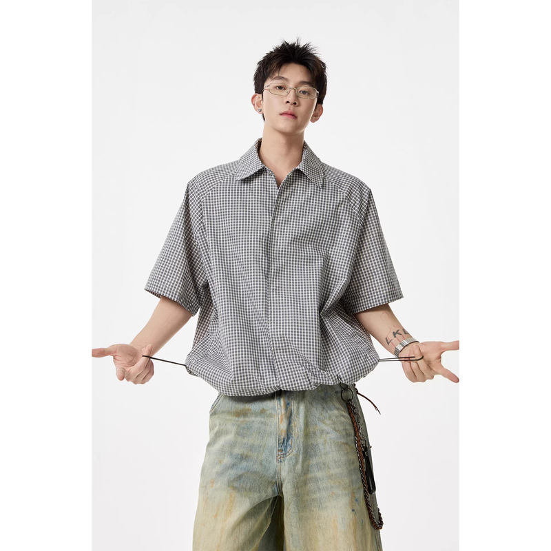 Japanese Retro Short-Sleeve Plaid Shirt for Men, Summer High-End Style, Cool and Loose-Fitting Pure Cotton Shirt with Drawstring Cardigan Jacket Japanese Retro Short-Sleeve Plaid Shirt for Men, Summer High-End Style, Cool and Loose-Fitting Pure Cotton Shirt with Drawstring Cardigan Jacket