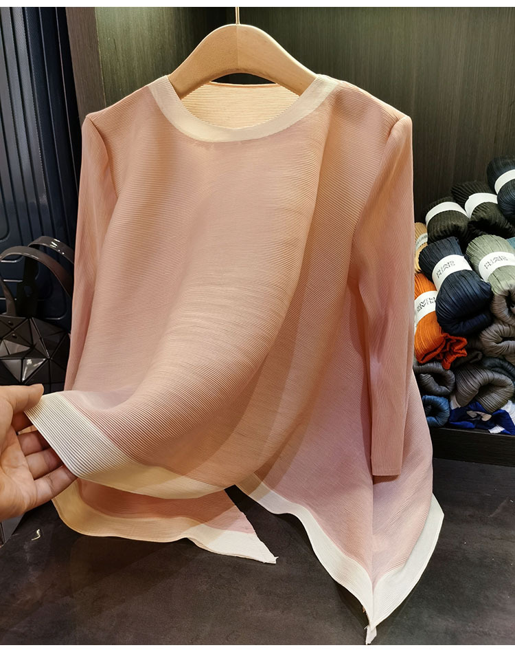 Áo thun nữ cổ tròn tay lỡ phối màu tương phản, dáng rộng xếp ly bất đối xứng — Màu xanh, Màu tím hồng, Màu đỏ hoa hồng, Màu hồng chi tiết 15