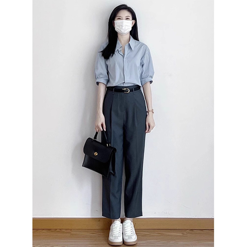 春季轻熟穿搭一整套女2025新款蓝色衬衫搭配西装裤子休闲两件套装|undefined
