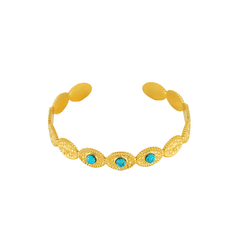 Nuevo acero de titanio azul turquesa transfronterizo ligero lujoso diseño de moda geometría de oro 18K simple pulsera de apertura en forma de C para mujeres