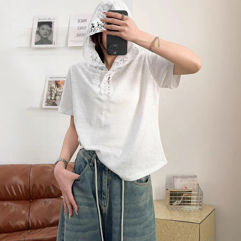 Japanese-Style Summer New Korean Version Lace Hooded Short-Sleeve T-Shirt for Women, Loose and Versatile Pure Cotton Casual Top Japanese-Style Summer New Korean Version Lace Hooded Short-Sleeve T-Shirt for Women, Loose and Versatile Pure Cotton Casual Top