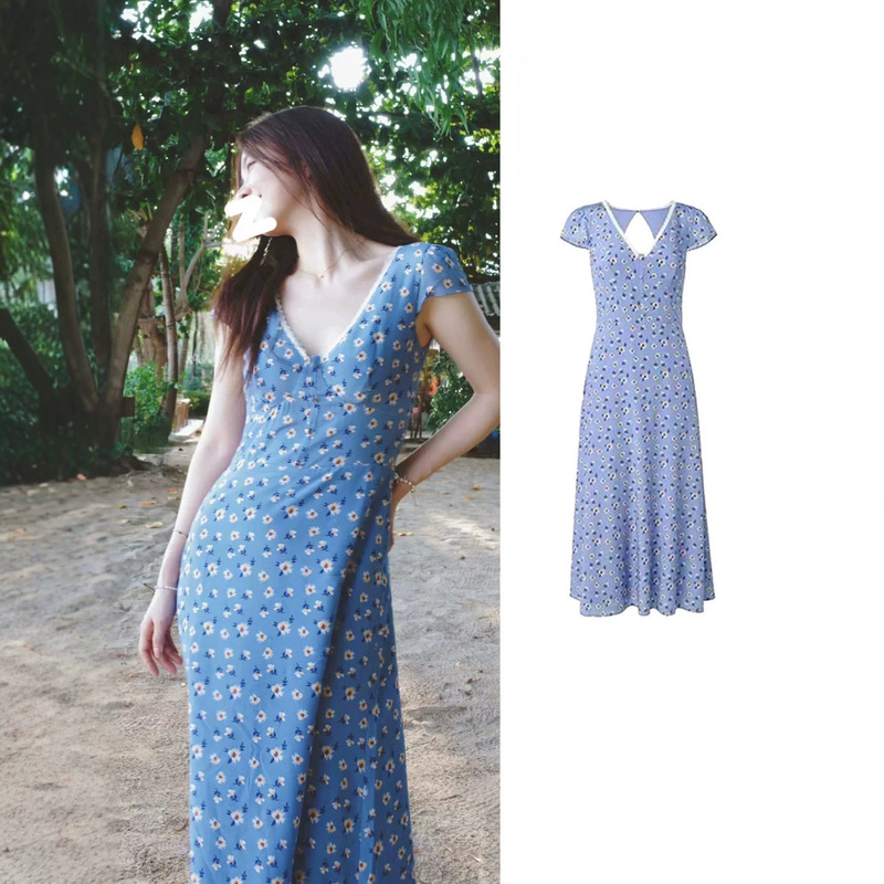 Tan Songyun's Same Style Holiday Daisy Floral Dress for Women 2026 Summer Tea Break Dress V-Neck Short-Sleeved Waist-Cinching Dress