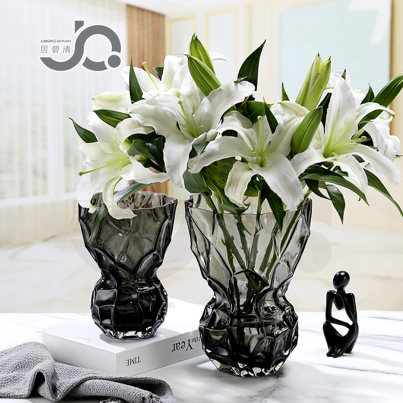 Nordic-style artistic glass vase with a wide mouth, tabletop mountain valley shape, hydroponic fresh flower decoration, lily and rose ornamental piece