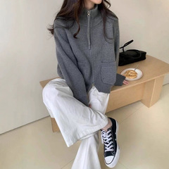 针织开衫女2025春秋新款韩版圆领显瘦纯色双拉链短款小个子外套