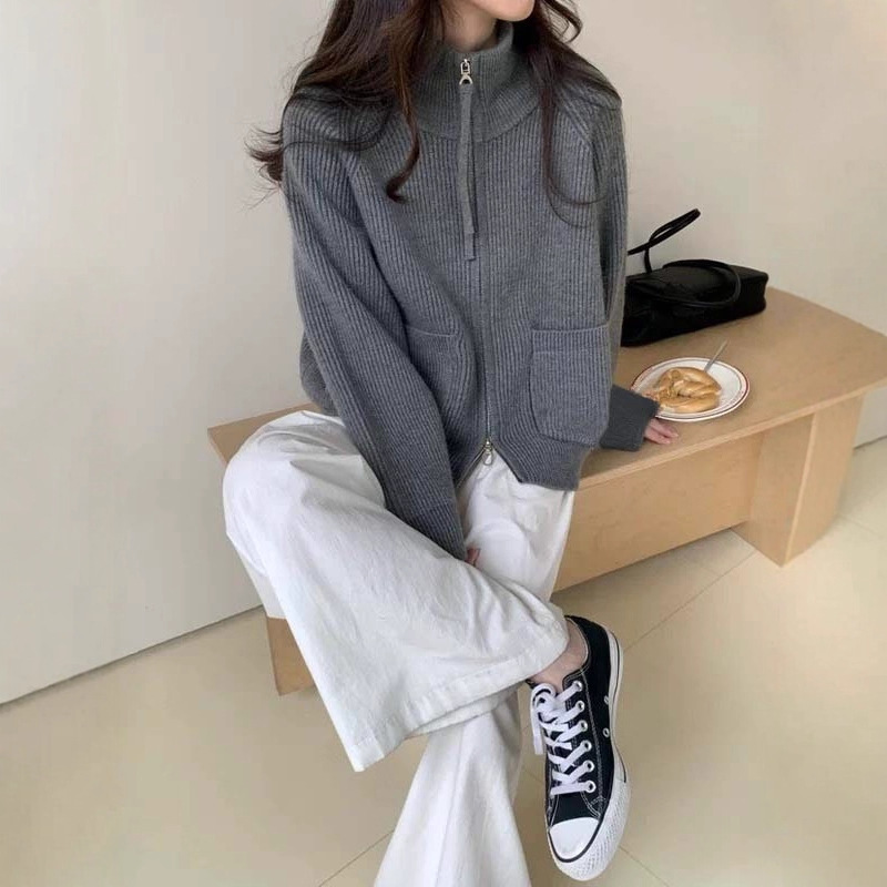 针织开衫女2025春秋新款韩版圆领显瘦纯色双拉链短款小个子外套|undefined