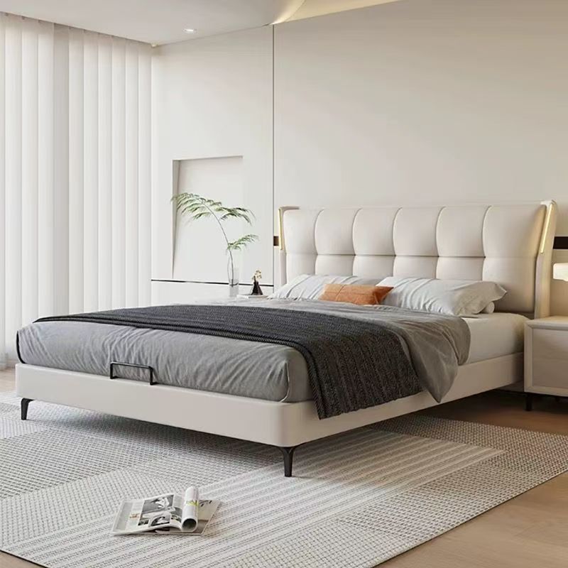 Nordic Light Luxury Leather Bed Modern Simple Master Bedroom Double Bed High-End Atmospheric Home Soft-Packed Solid Wood Large Bed Wedding Bed