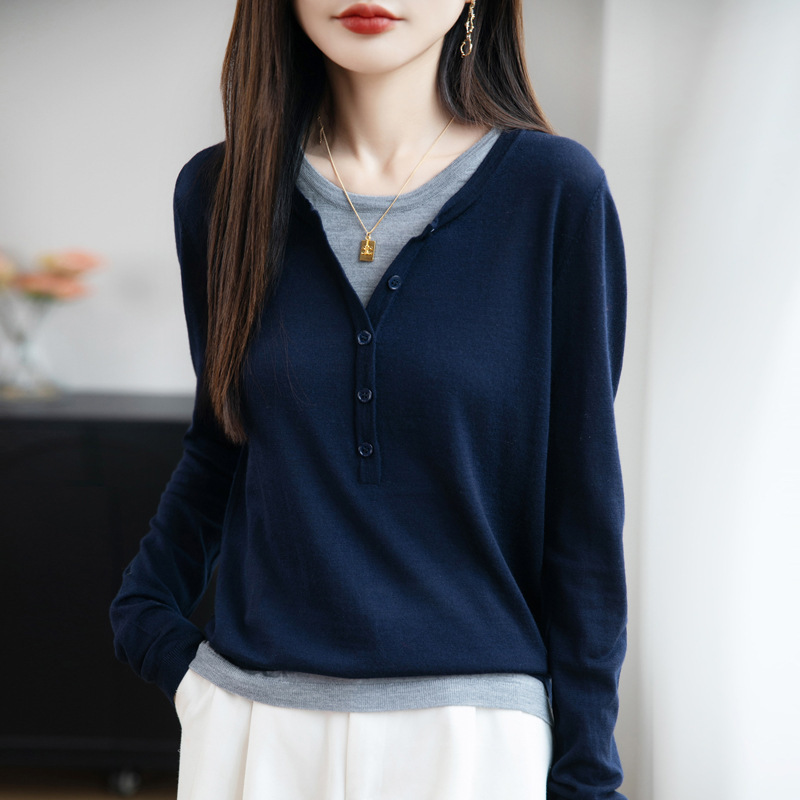 撞色假两件套头针织衫女2025秋季新款韩系设计感甜美风打底毛衣女|undefined
