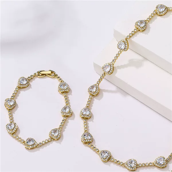 HECHENG jewelry love zircon necklace brass plated 18K gold zircon geometric necklace bracelet set