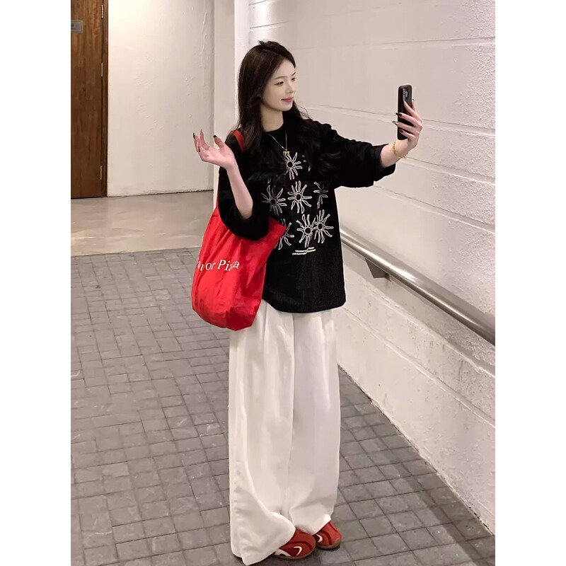 韩系纯棉T恤女复古太阳花印花打底上衣春秋季大码慵懒感打底长袖|undefined