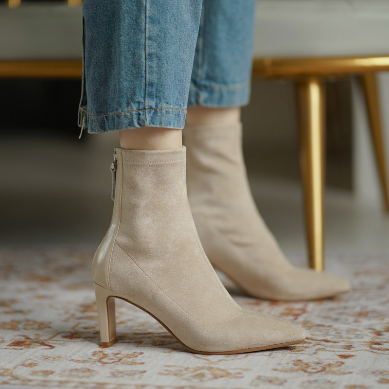 Huge Slimming Look! Slim Boots, Gentle Apricot Elegant, Pointed Toe Stiletto Heel Sock Boots, Ankle Boots, Elastic Short Boots for Women
