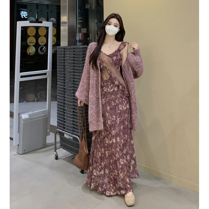 大码软糯开衫宽松大版毛衣外套温柔气质碎花裙连衣裙女无袖长裙|undefined