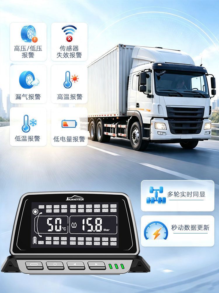Multi-wheel heavy-duty truck tire pressure monitor with large high-definition display, compatible with various trucks, with universal internal and external sensors