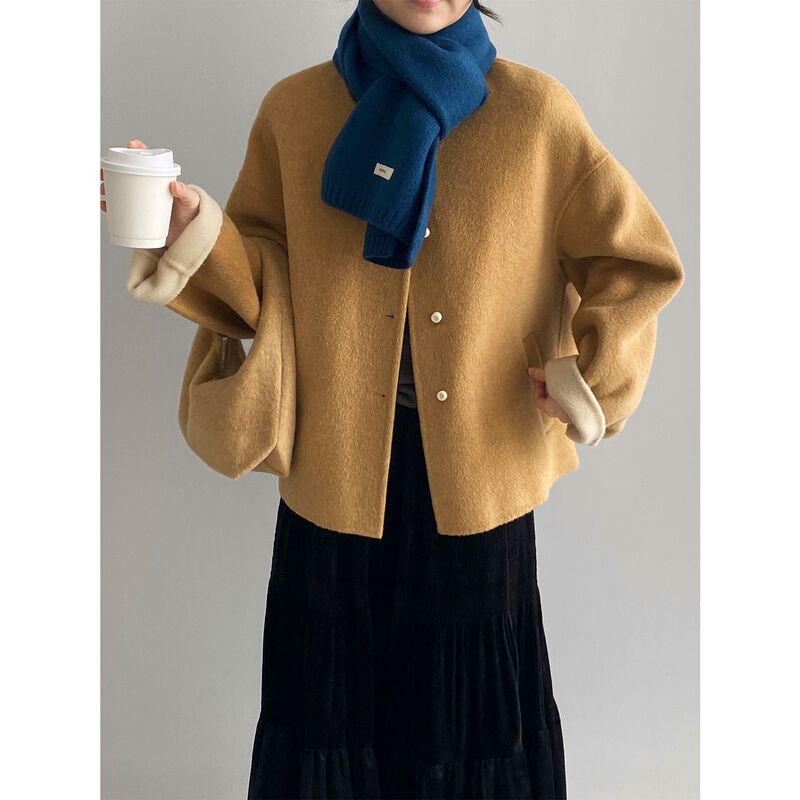 That's Korean Style Gentle Round Neck High-End Wool Outwear Women's Work Clothing Elegant Double-Sided Woolen Outwear Small Bag A7021