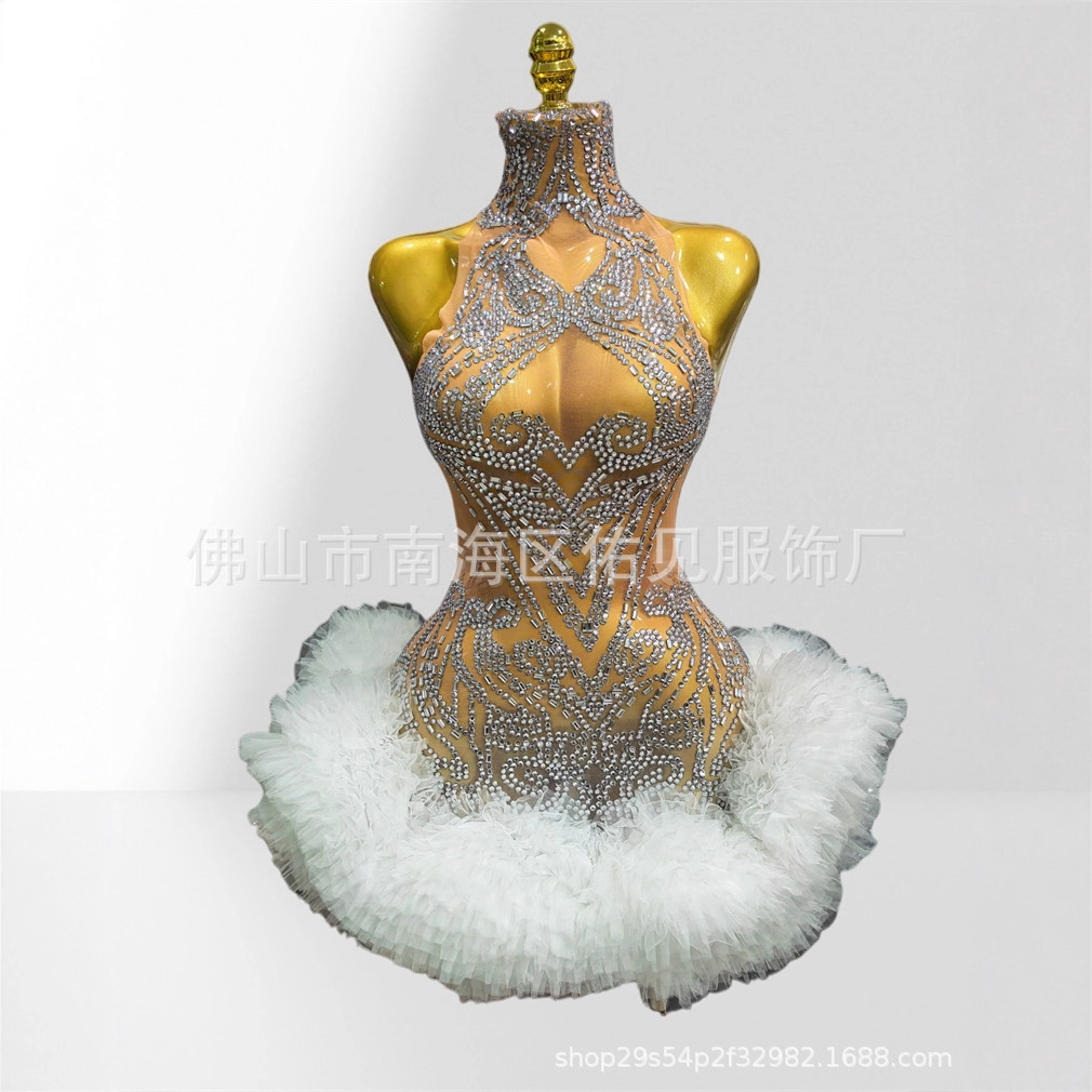 Cross-Border Foreign Trade Hot Diamond Sexy See-Through Playful Ballet Skirt Tight Dress Fashion Party Performance Dress