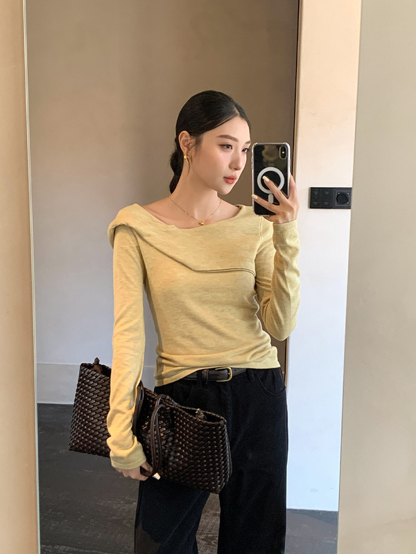 衣尔衫 秋韵 羊毛设计感荡领针织衫女修身超长袖韩系显瘦上衣0601|undefined