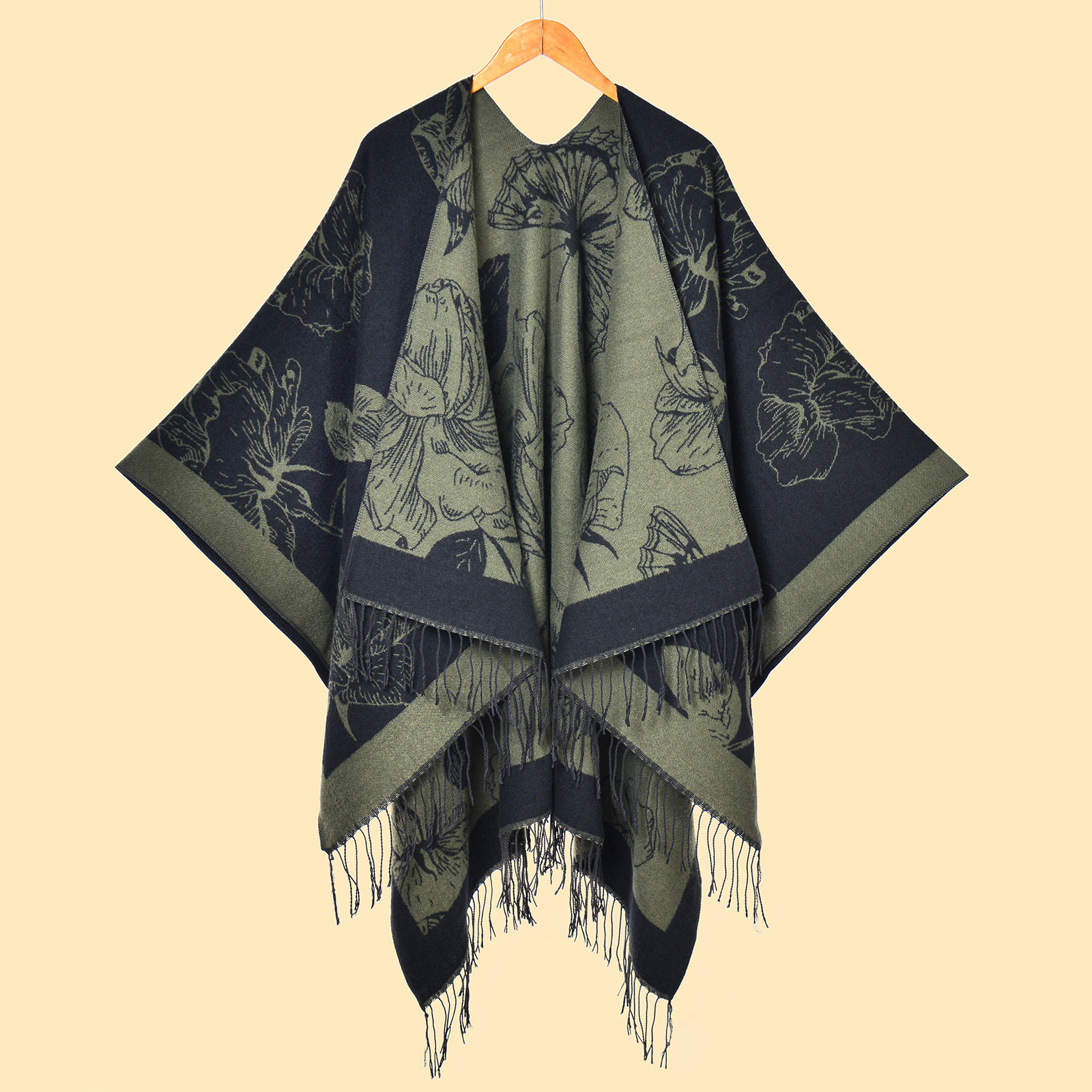 Nueva moda femenina europea y americana, flores grandes, borlas, puntas abiertas, capa de chal cálido de doble cara, venta caliente transfronteriza, capa de cachemira de imitación