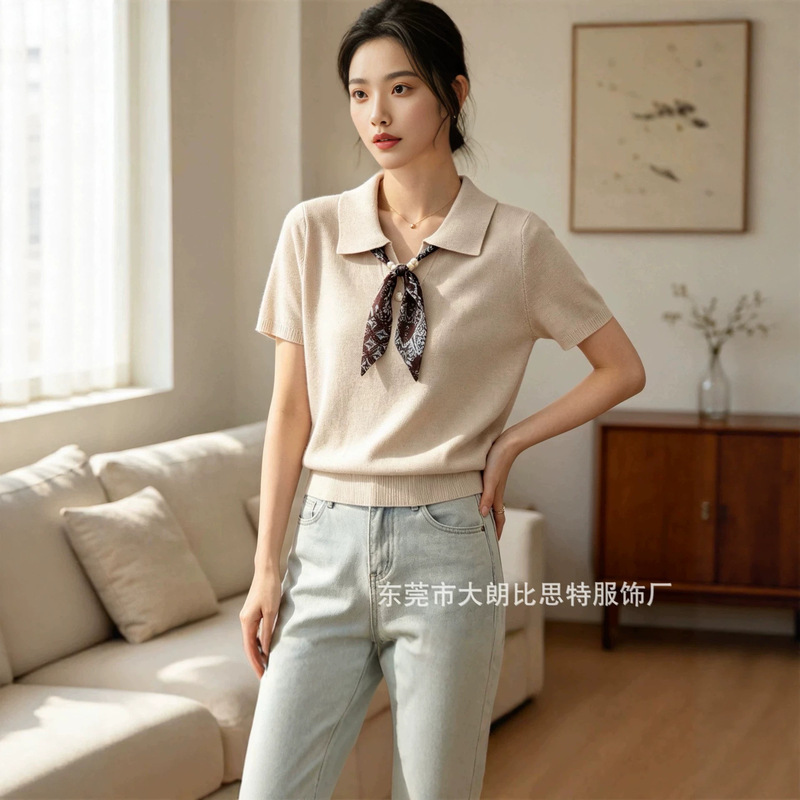 Summer Commuting Versatile Silk Scarf Polo Knit Shirt Slimming Ice Silk Youthful Gentle Style Short Sleeve Top for Women Summer Commuting Versatile Silk Scarf Polo Knit Shirt Slimming Ice Silk Youthful Gentle Style Short Sleeve Top for Women
