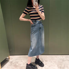 2025夏季新款南油pra气质复古优雅风简约百搭款牛仔喇叭半身长裙