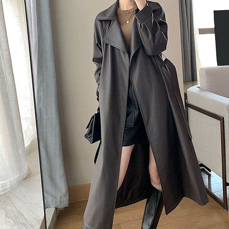 long pu leather knee-length leather coat women's spring and autumn mid-length women's trench coat retro handsome elegant coat