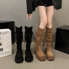 厚底メイラードタッセルブーツ女性用2025秋新作レトロV口パイルスリムハイライダーブーツ
