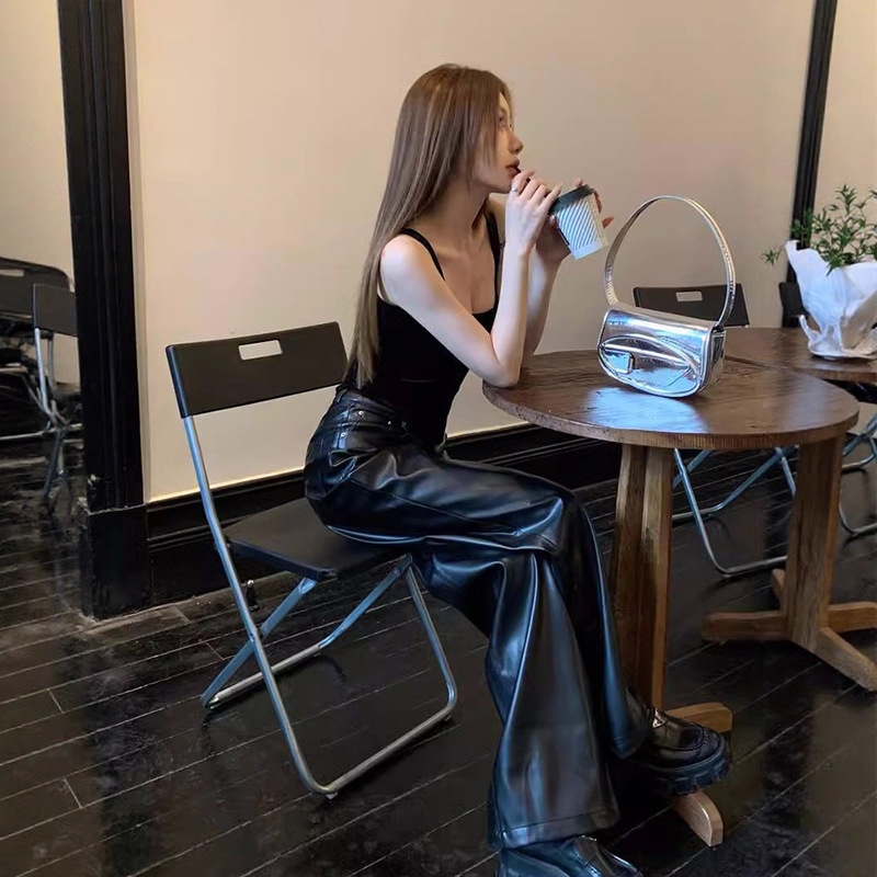 Black Pu Leather Casual Pants for Women, Autumn High-Waisted Loose Straight Pants, American Retro Leather Pants, Wide-Leg Floor-Length Pants Black Pu Leather Casual Pants for Women, Autumn High-Waisted Loose Straight Pants, American Retro Leather Pants, Wide-Leg Floor-Length Pants