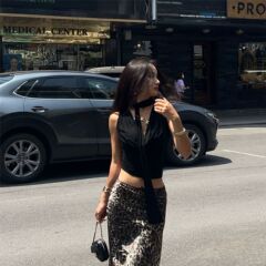 2025夏美式辣妹性感修身顯瘦盪領設計感百搭飄帶背心上衣歐美無袖